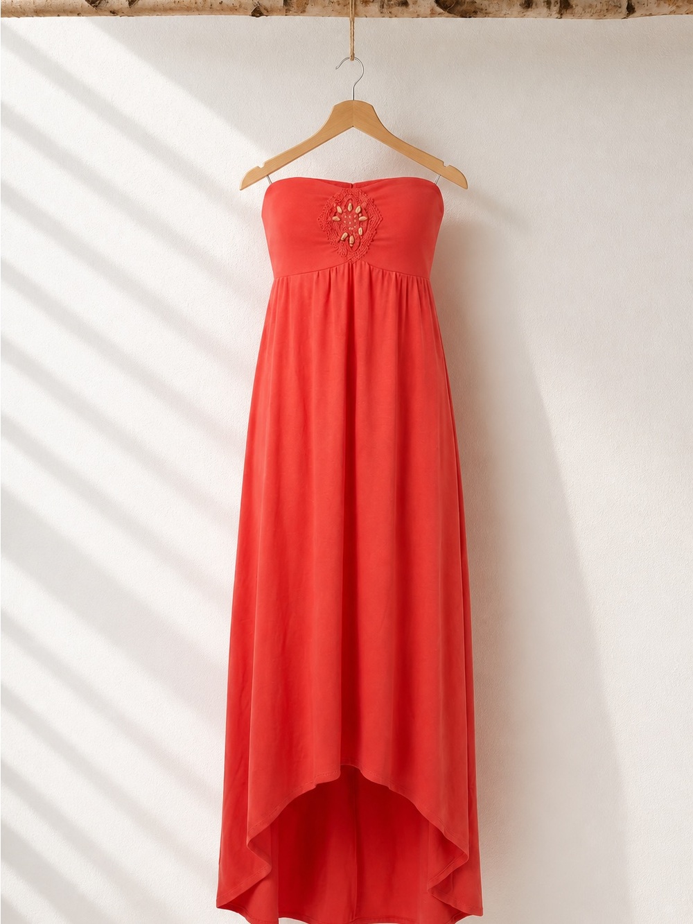 Energie Strapless Coral-Red High-Low Maxi Dress